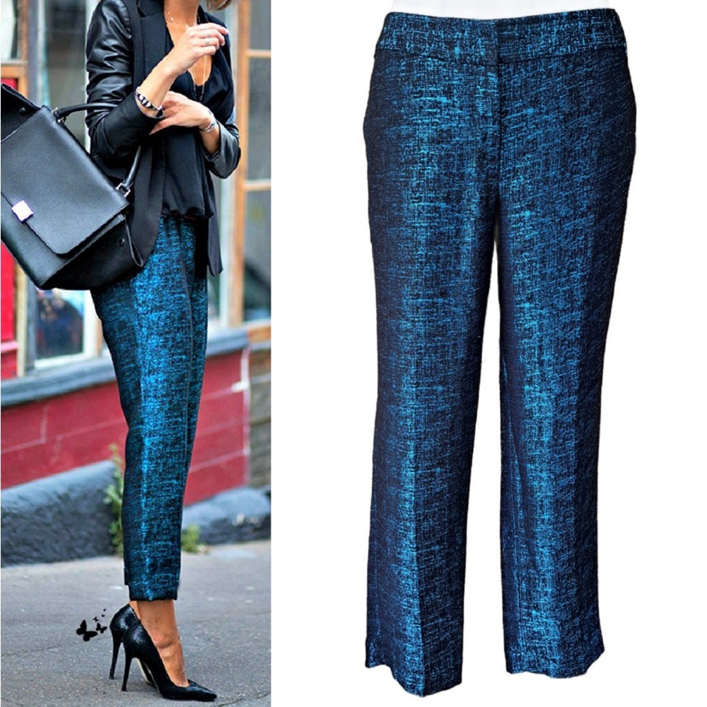 Express Editor Pant Blue Black Metallic Jacquard Size  2 Ankle Crop